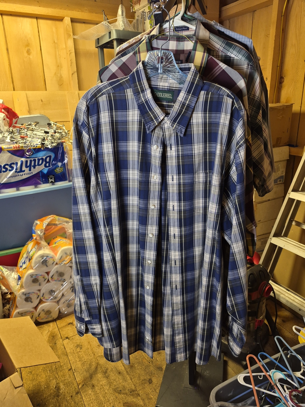 Saddlebred Blue and White Plaid Men's Button-Down Shirt Bin 39
